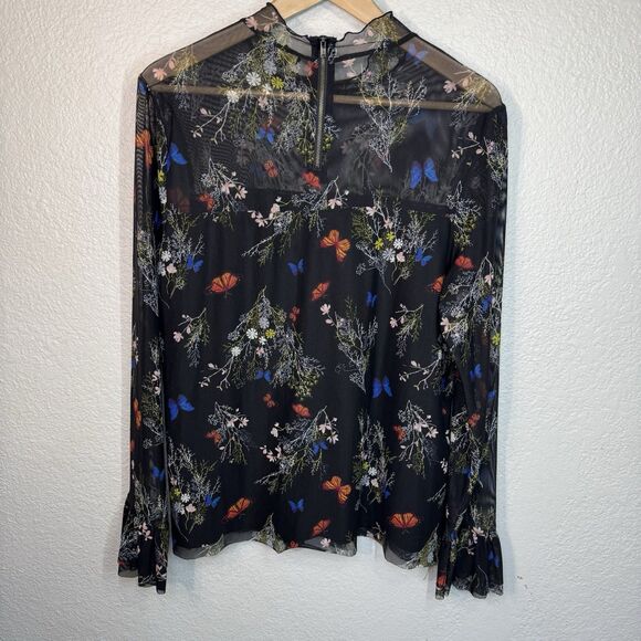 Babydoll Top L Petite Black Sheer Butterfly Stretch Flowy Y2K Goth Fairy Witchy - Picture 1 of 8